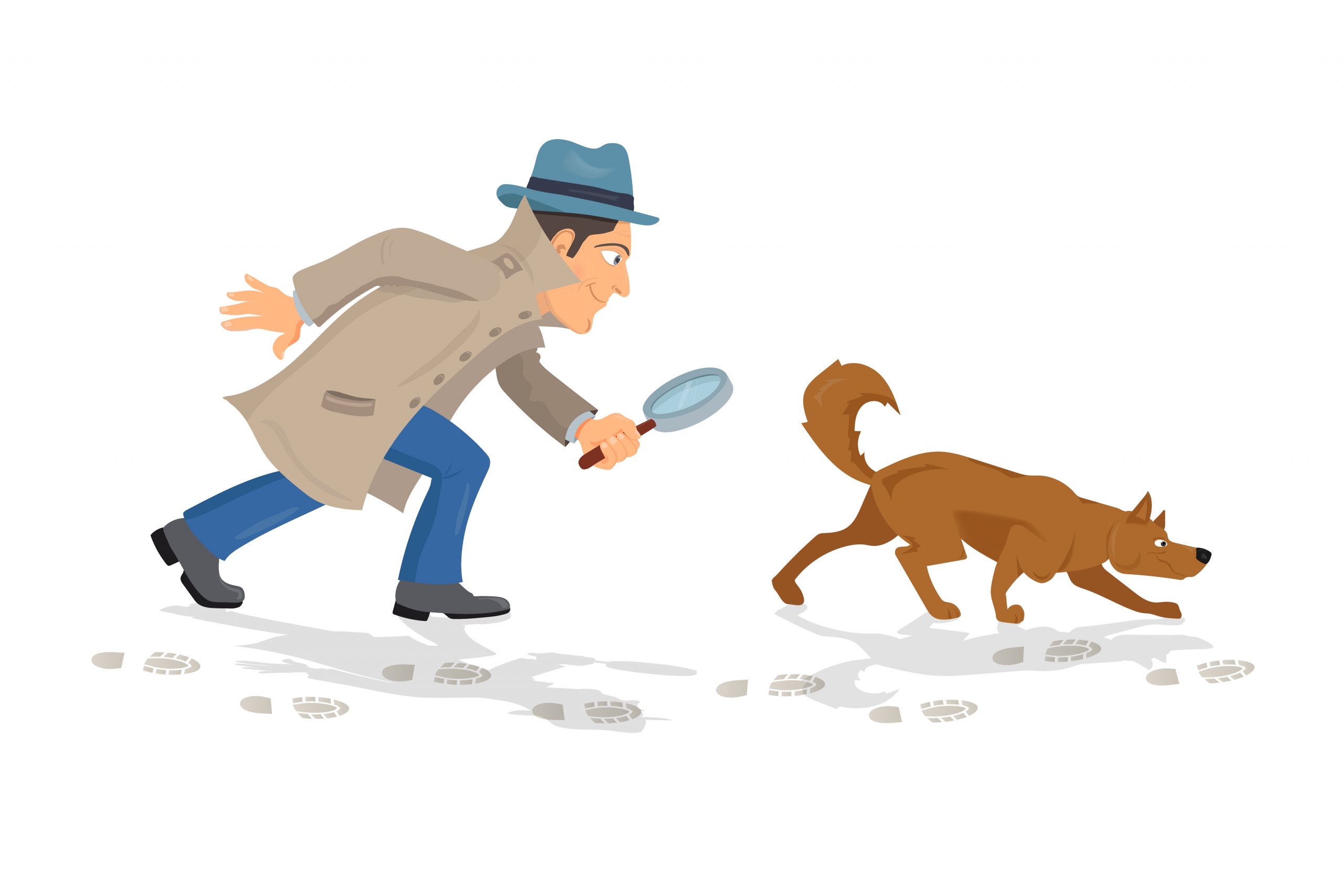 detective with magnifying glass and tracker dog hunting traces